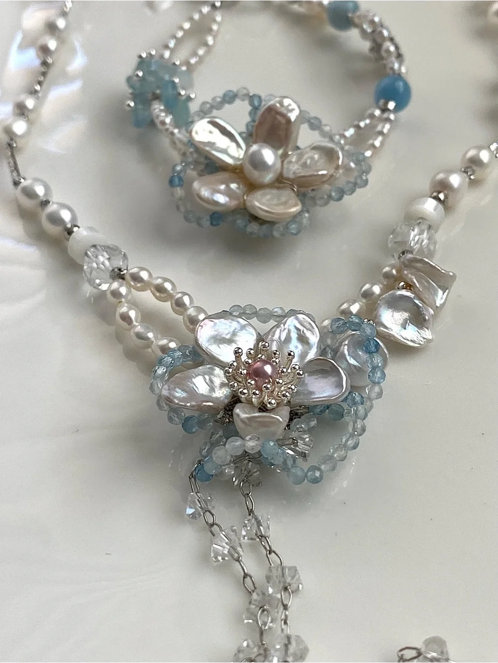 GP90-Handmade Aquamarine And Flower Petal Pearl Necklace And Bracelet Set